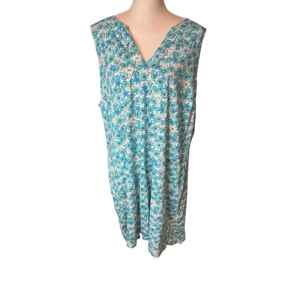 Lands End Floral Printed Split Neck Sleeveless Blue Tunic Mini Dress 3XL